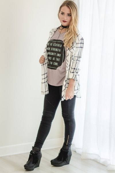 white and gray plaid boyfriend shirt with blushing pink cool graphic tee