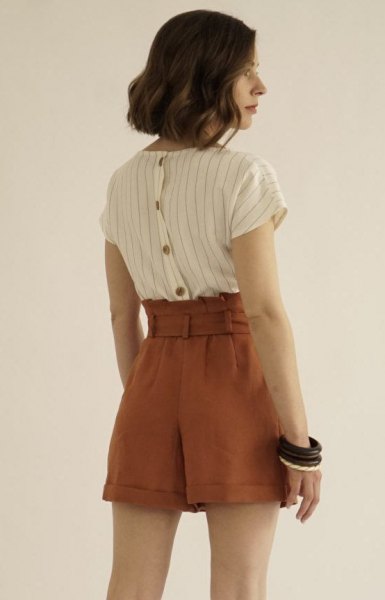 white-gray striped shirt with brown vintage high-waist shorts