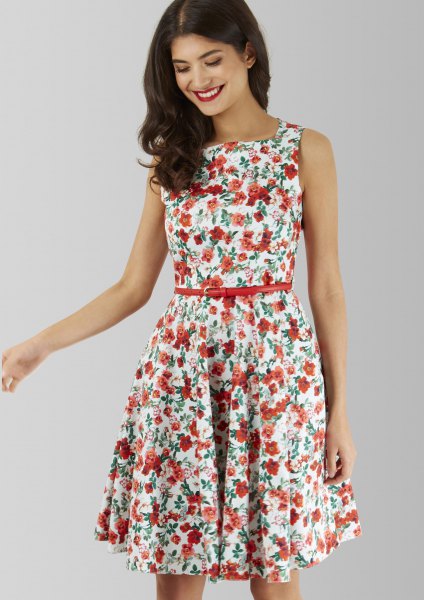 white and red floral skater dress with belt