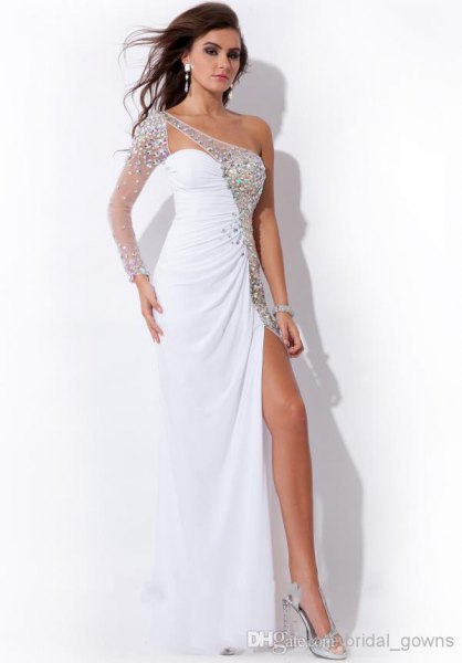 white and silver sequined shoulder-high maxi dress