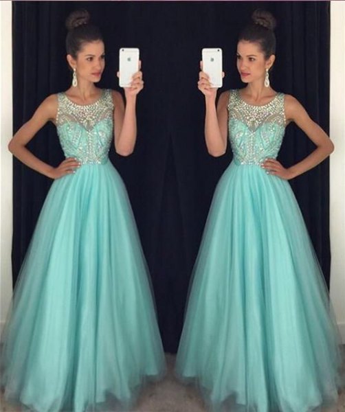 white and turquoise fit and flare pleated floor-length dress