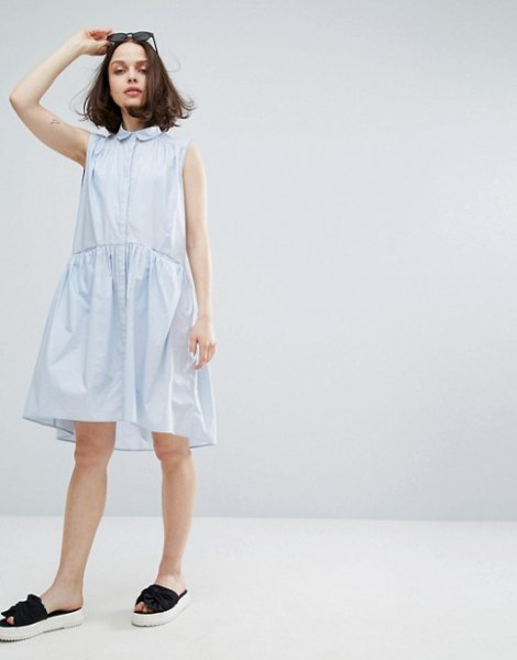 white sleeveless shirt dress with round collar and babydoll