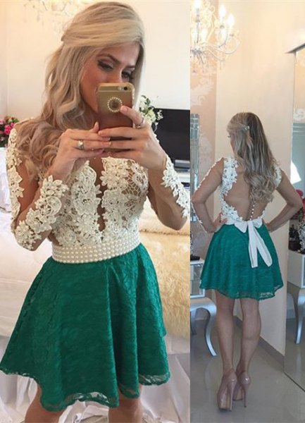 white backless lace top with gray minirater skirt