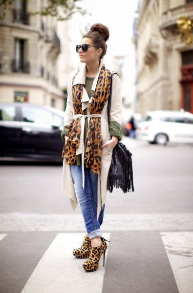 white longline blazer with belt and leopard print bootie heels