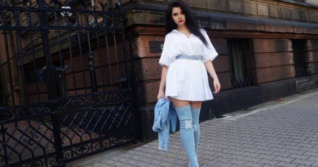 white mini shirt dress with belt and thigh-high denim boots