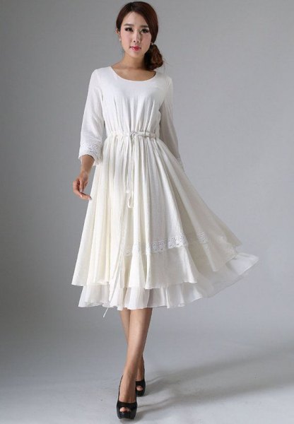white multi-layer linen dress with belt