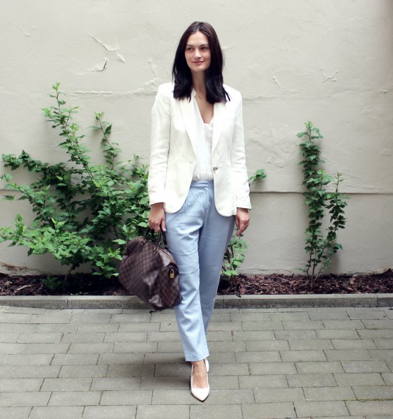 white blazer and blouse with V-neck
