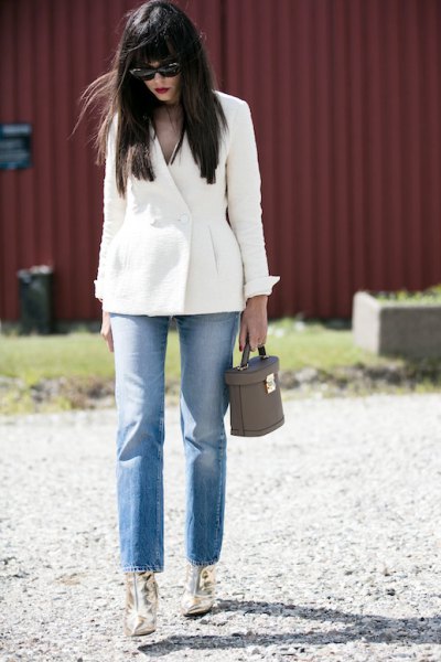white blazer mom jeans gold ankle boots