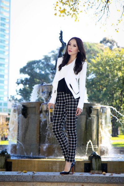 white blazer with black plaid flannel trousers