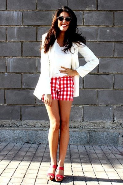 white blazer with red checked shorts