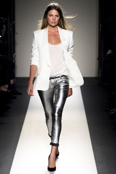 white blazer with silver, metallic tube trousers