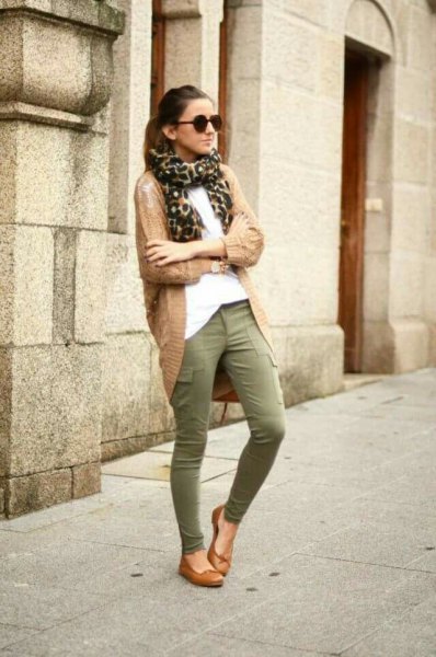 white blouse and long cardigan with camel