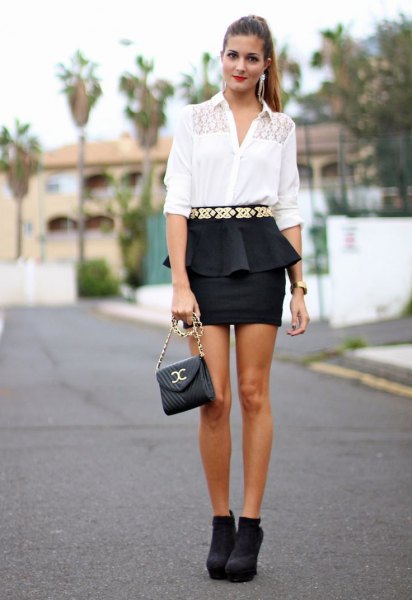 white blouse black mini skirt