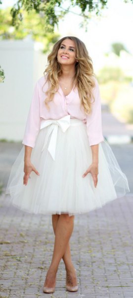 white blouse knotted chiffon tulle skirt