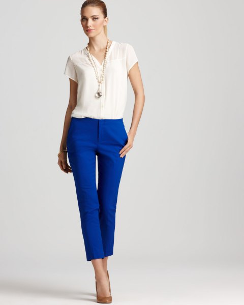 white blouse royal blue short cut trouser outfit