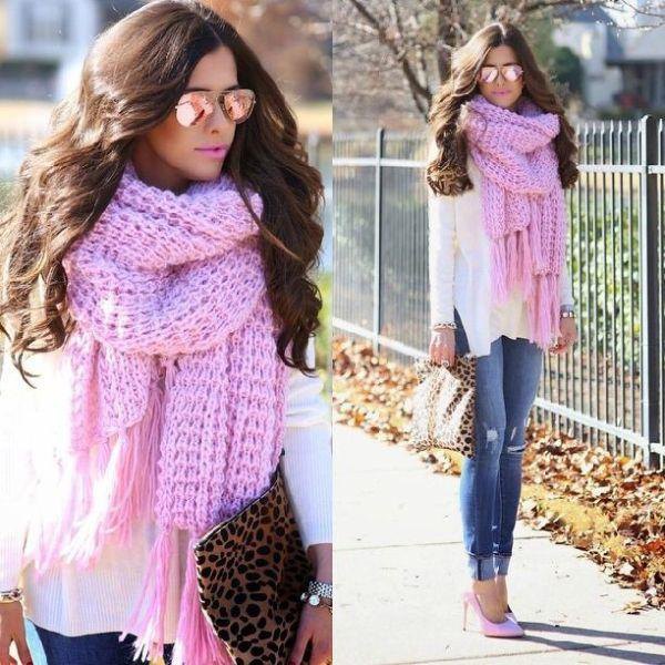 white blouse with light pink knitted scarf and fringed jeans