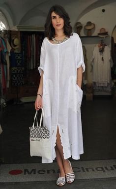 white maxi linen shirt dress with boat neckline