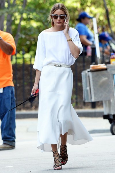 white sweater with boat neckline, maxi dress and belt