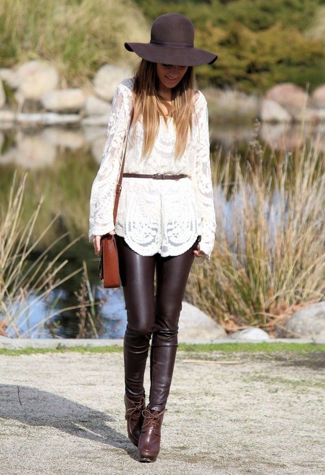 white boho top leather leggings outfit