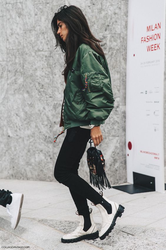 white boots green bomber jacket