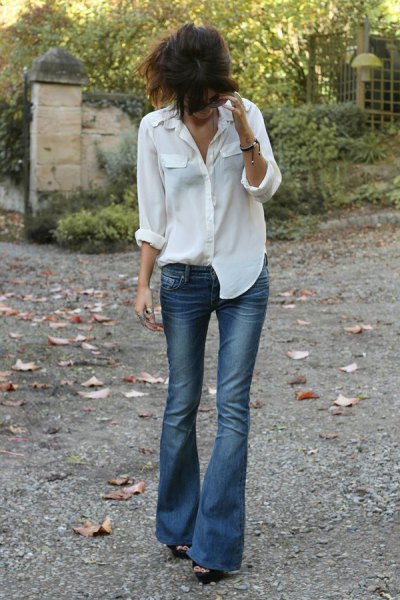 white boyfriend shirt with blue, low-waisted jeans