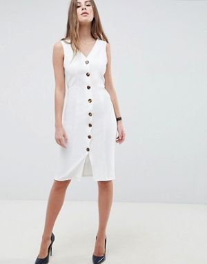white knee-length sheath dress with V-neck at the front