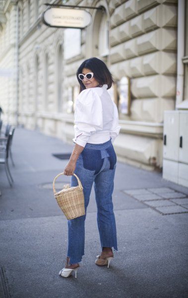 white button-up blouse mom jeans