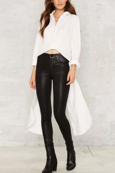 white button high low shirt black leather leggings