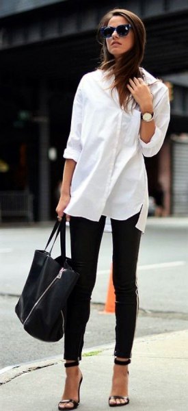 white long blouse with buttons, black skinny jeans and open toe heels