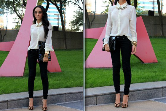 white shirt with buttons and black skinny jeans and heels with leopard print
