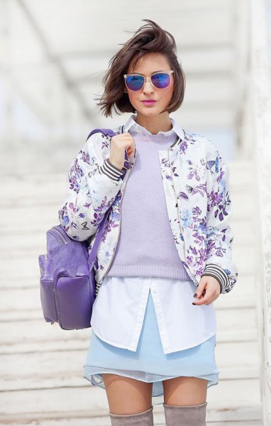white shirt with buttons and bomber jacket with floral pattern