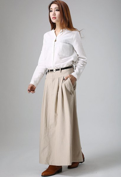 white shirt with shirt and beige maxi khaki skirt