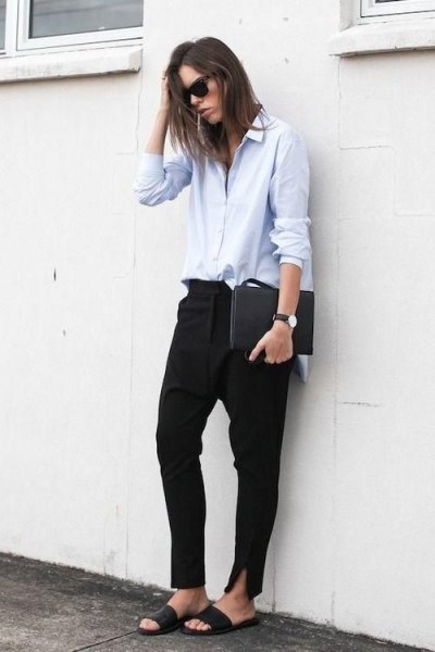 white button-up shirt black chinos