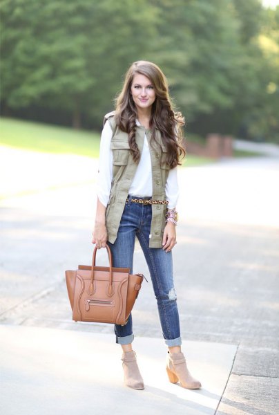 white button-up shirt cuff vest with jeans cuff