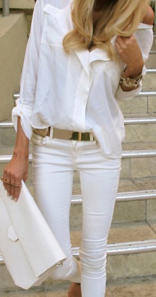 white button-up shirt jeans purse