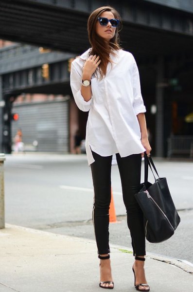 white button-up shirt leather leggings heels