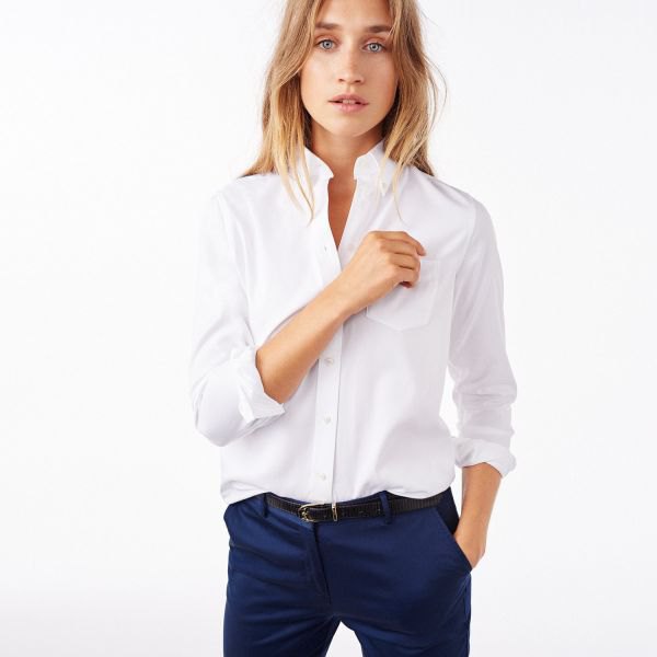 navy chinos white button-up shirt