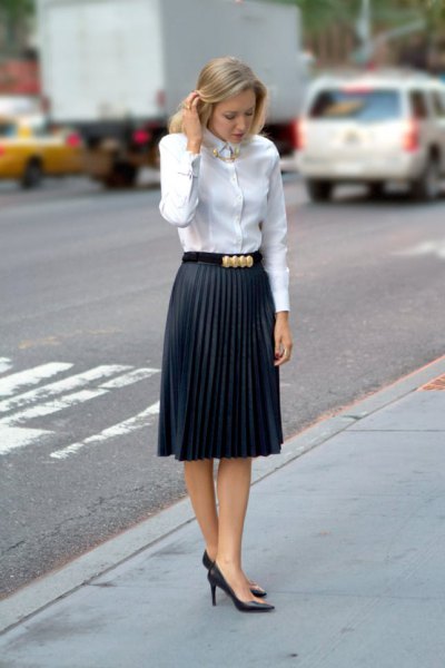 white shirt with kink and pleated midi pencil skirt