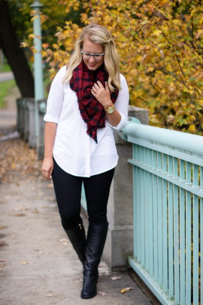 white shirt with buttons, red and black ponte trousers with a checked scarf
