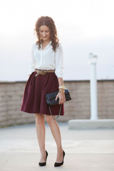 white shirt with button and minirater skirt with belt