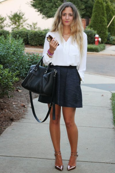 white shirt with buttons and black mini skirt