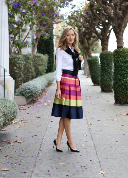 white shirt with buttons and color-block midi skirt