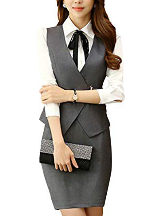 white shirt with buttons, gray, narrow-cut waistcoat and figure-hugging mini skirt