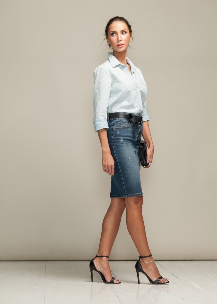 white shirt with buttons and gray-blue denim skirt