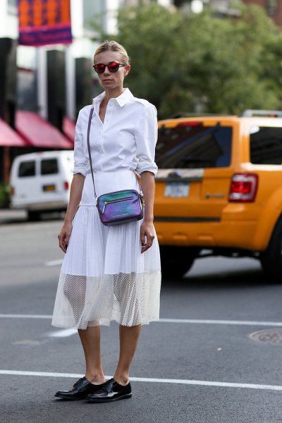 white shirt with buttons, midi chiffon skirt and black leather derby shoes