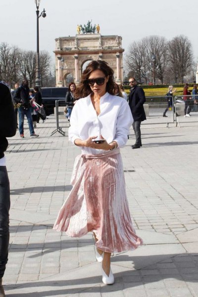 white shirt with button and pink velvet midi skirt