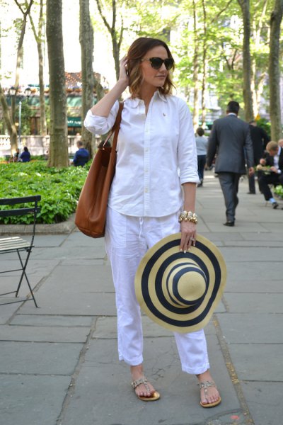 white shirt with buttons and sky blue, cropped trousers