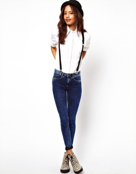 white shirt with buttons and suspender jeans