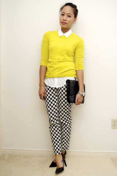 white shirt with buttons, yellow sweater and checked trousers