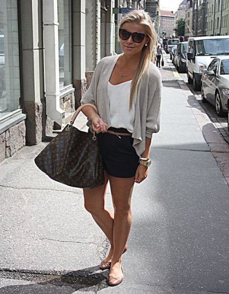 white camisole and gray cardigan